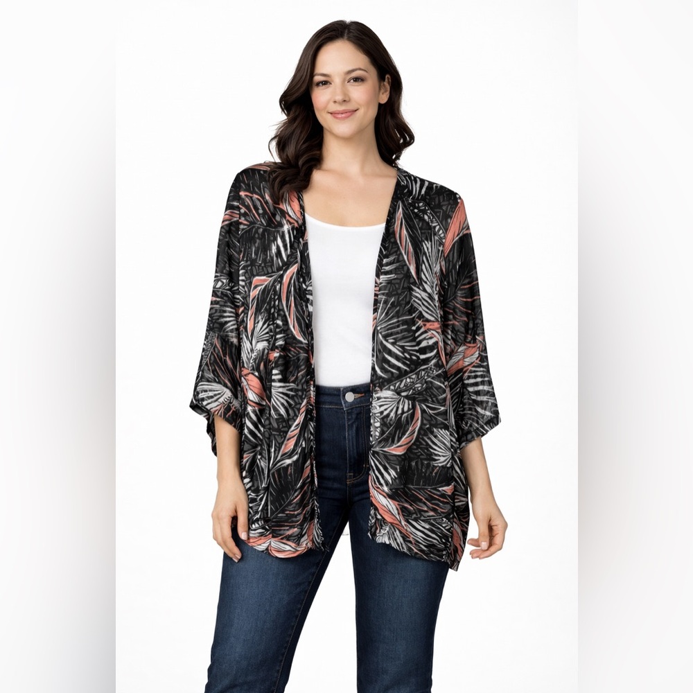 Torrid Clip Dot Cocoon Kimono Tropical Cardigan 3/4 Black Peach Leaves 2…